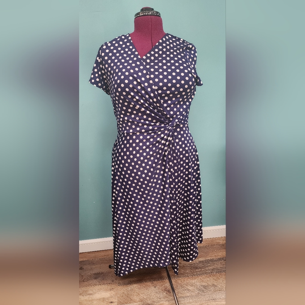 Perceptions Blue and White Wrap Dress V-Neck Cap Sleeve